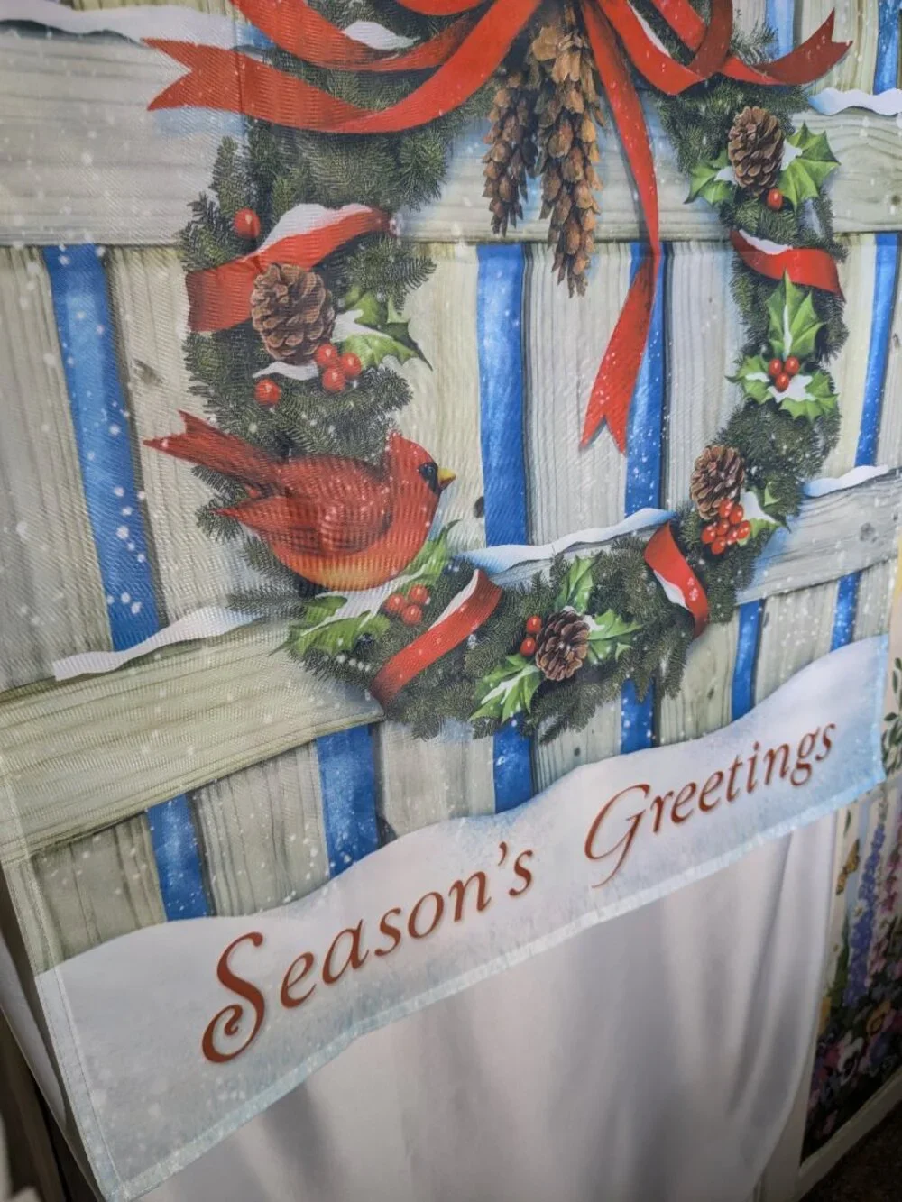 VTG Vigor Season's Greetings Christmas Garden Flag Cardinal Wreath Bow Banner